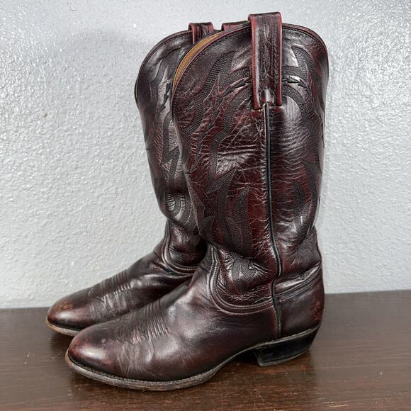 Lucchese 2000 Boots Mens 8.5 D Black Cherry Leather Cowboy Western Roper - Picture 1 of 9